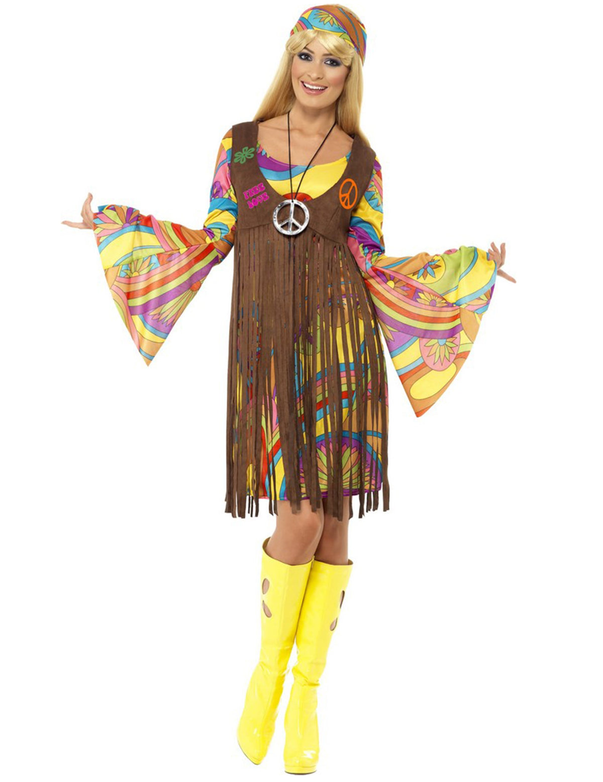 Déguisement hippie fleurs année 70 pour femme multicolore avec gilet à franges marron et bandeau