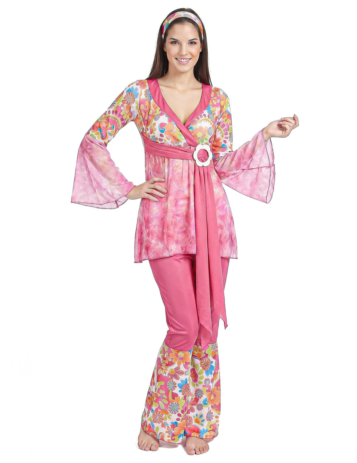 Disfarce de hippie flower power cor-de-rosa mulher