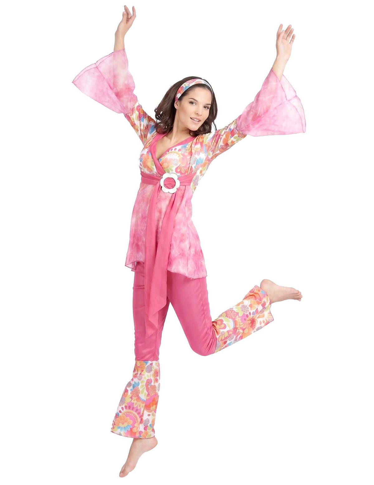 Disfarce de hippie flower power cor-de-rosa mulher
