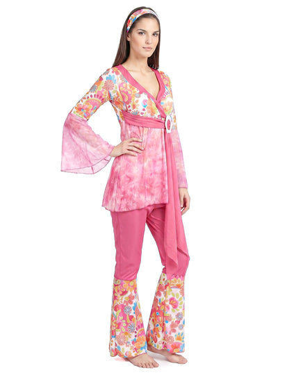 Disfarce de hippie flower power cor-de-rosa mulher
