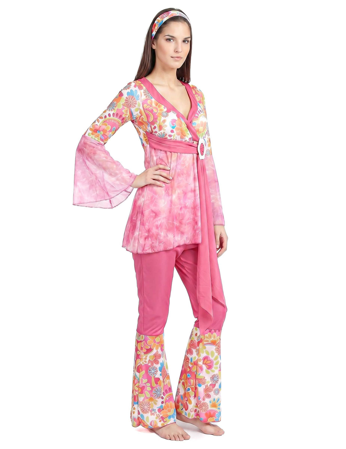 Disfarce de hippie flower power cor-de-rosa mulher