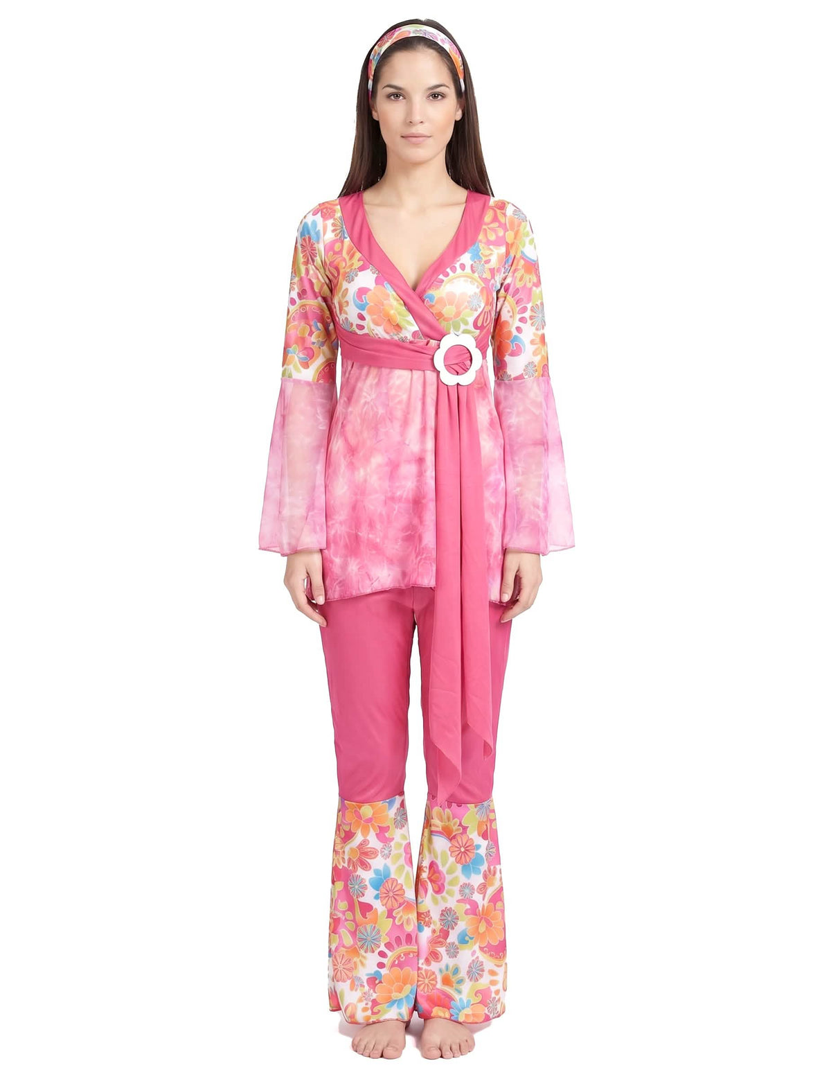 Disfarce de hippie flower power cor-de-rosa mulher