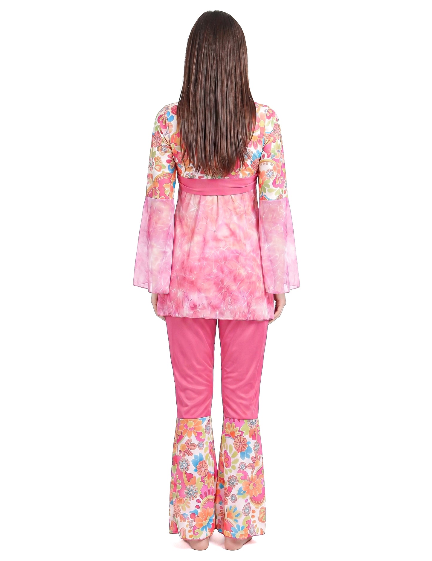 Disfarce de hippie flower power cor-de-rosa mulher