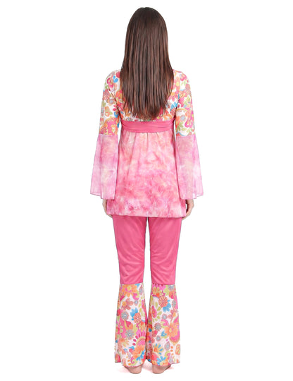 Disfarce de hippie flower power cor-de-rosa mulher
