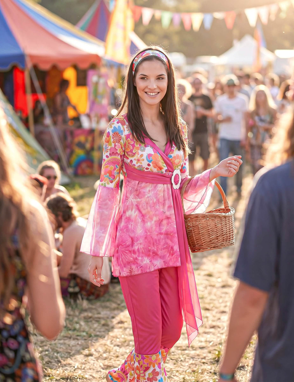 Disfarce de hippie flower power cor-de-rosa mulher