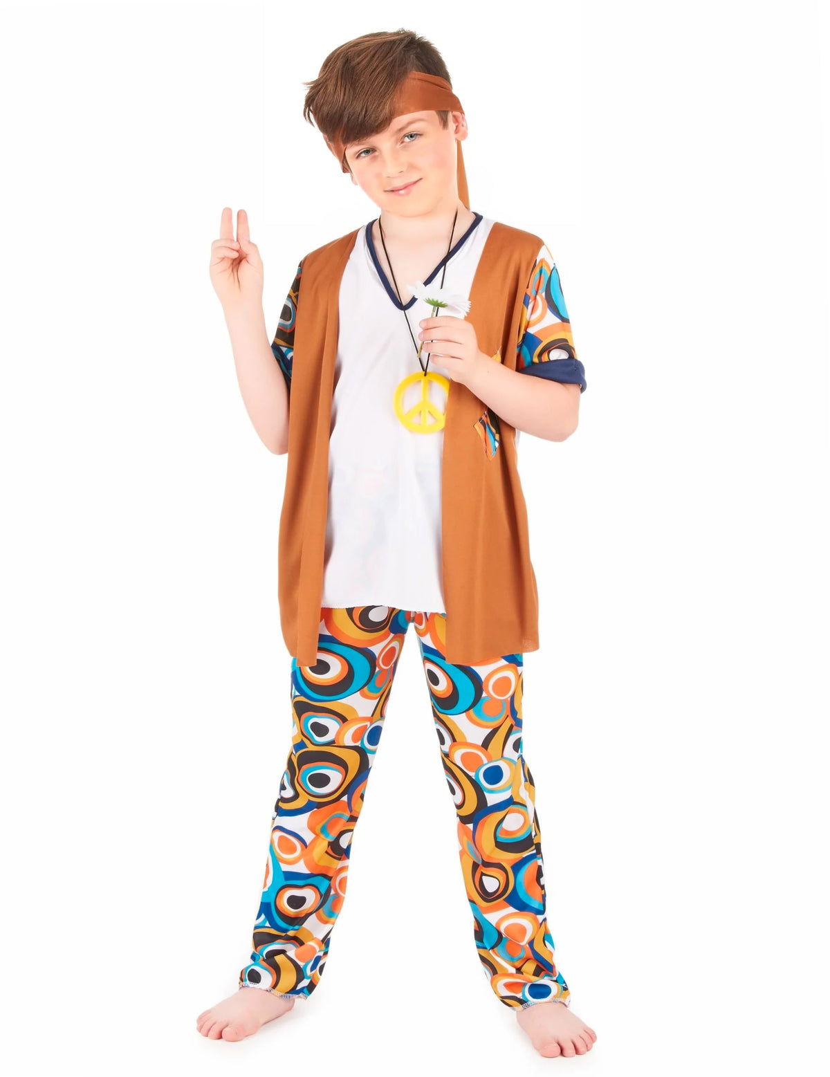 Déguisement hippie pour garçon marron avec gilet et pantalon psychédélique