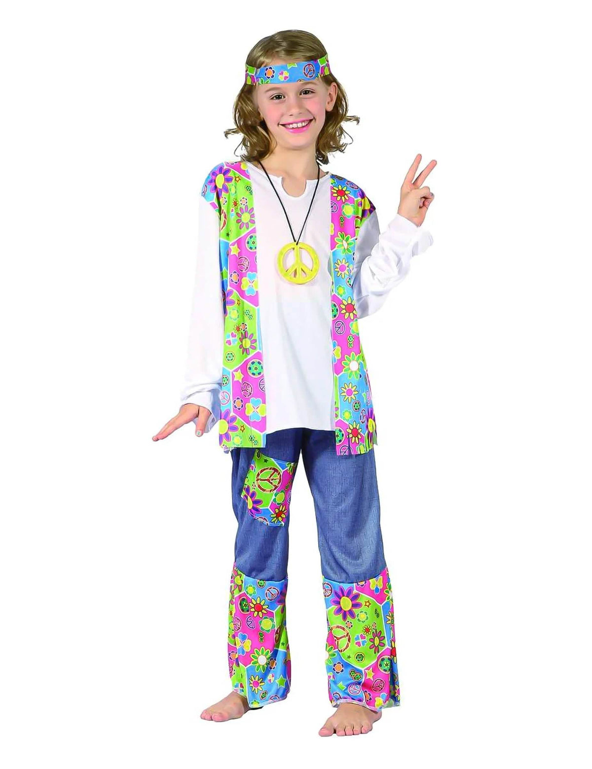 Fato de hippie com colete de franjas para menina multicores com motivos psicadélicos