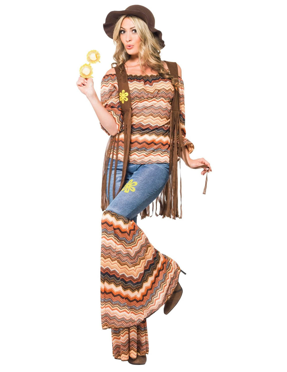 Vista geral com chapéu e óculos do disfarce hippie harmonia para mulher