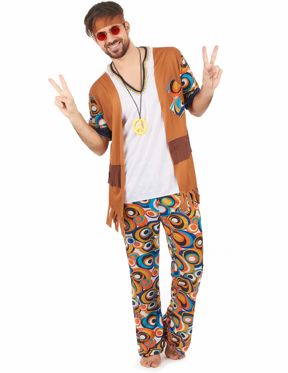 Déguisement hippie motifs ronds pour homme marron et blanc avec gilet à franges