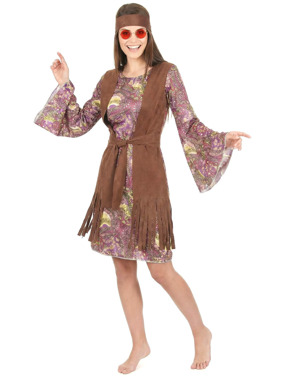 Fato de hippie com padrão paisley para mulher castanho com colete com franjas e bandana