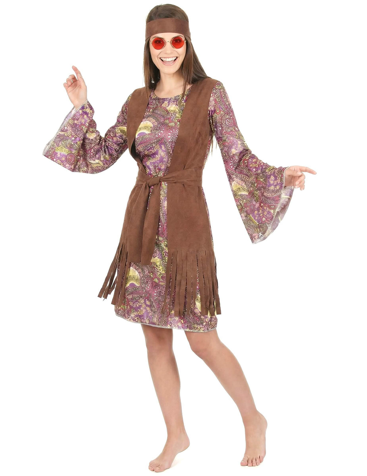 Fato de hippie com padrão paisley para mulher castanho com colete com franjas e bandana