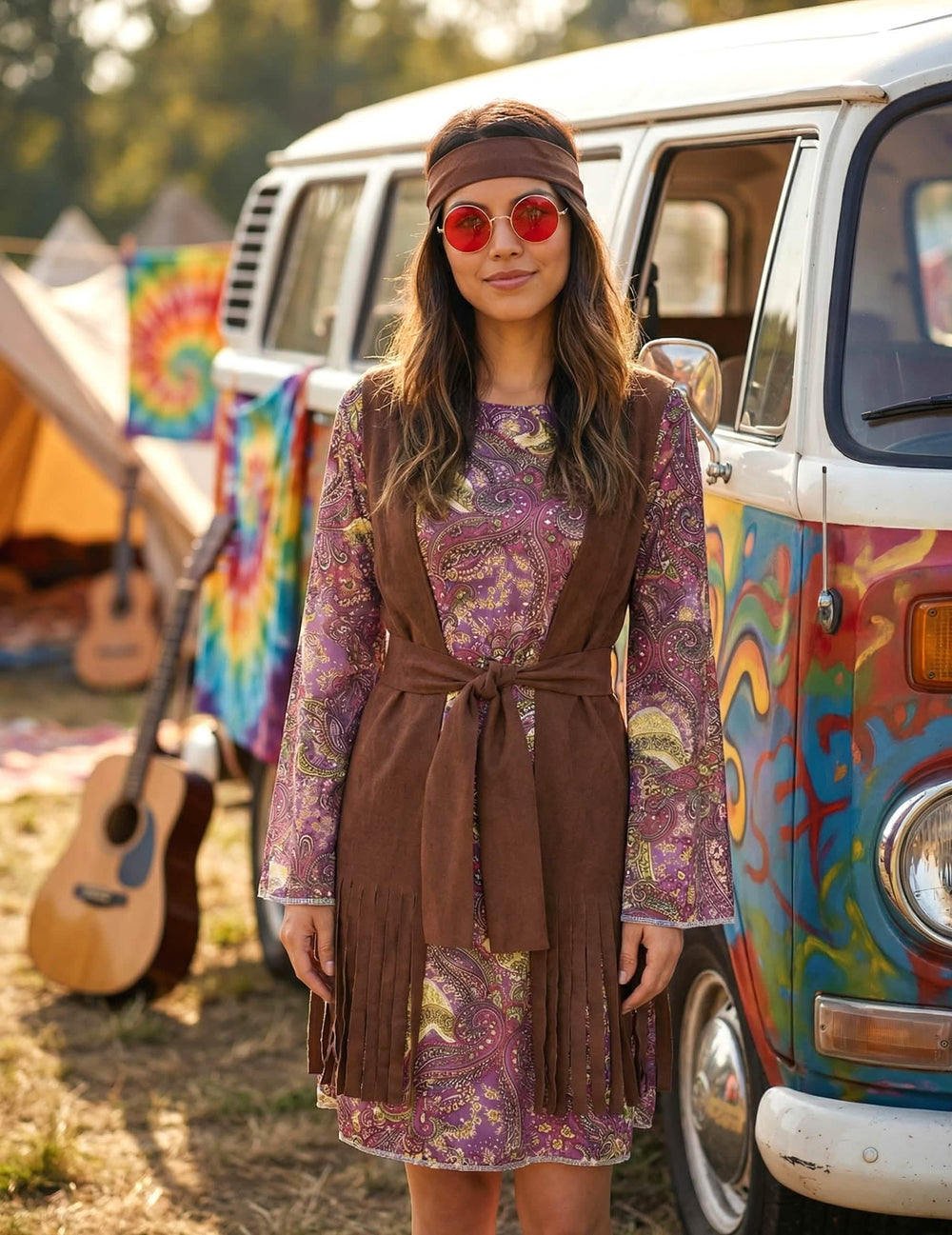 Mise em situação do disfarce hippie com padrão paisley para mulher