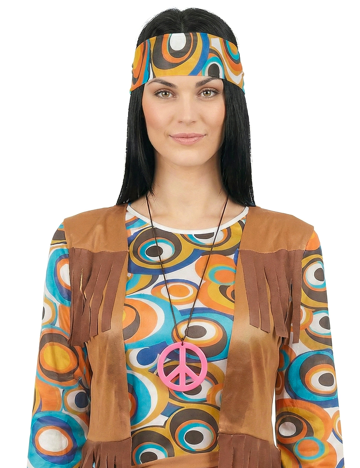 Gros plan sur les accessoires du déguisement hippie motifs ronds