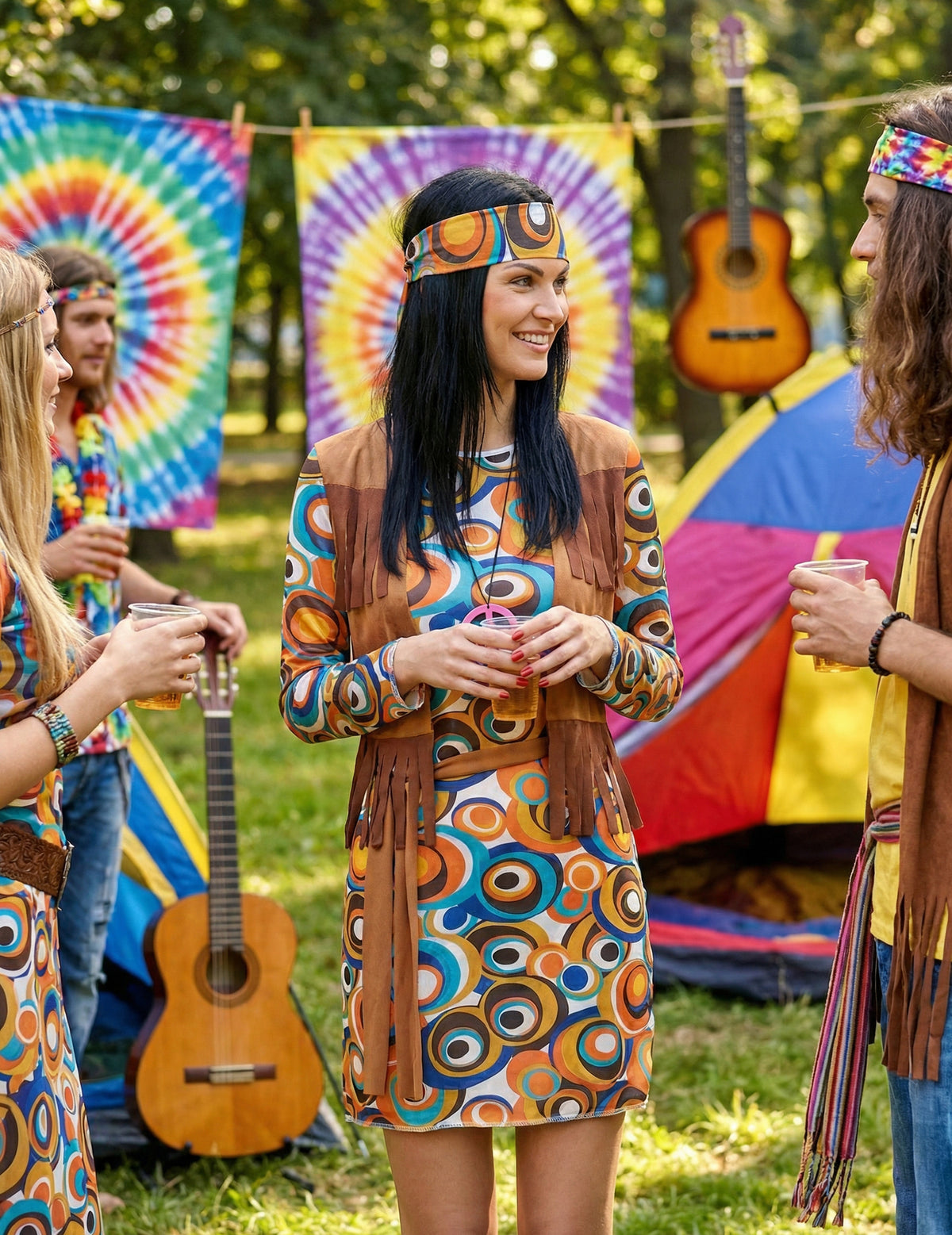 Mise en situation festive du déguisement hippie motifs ronds