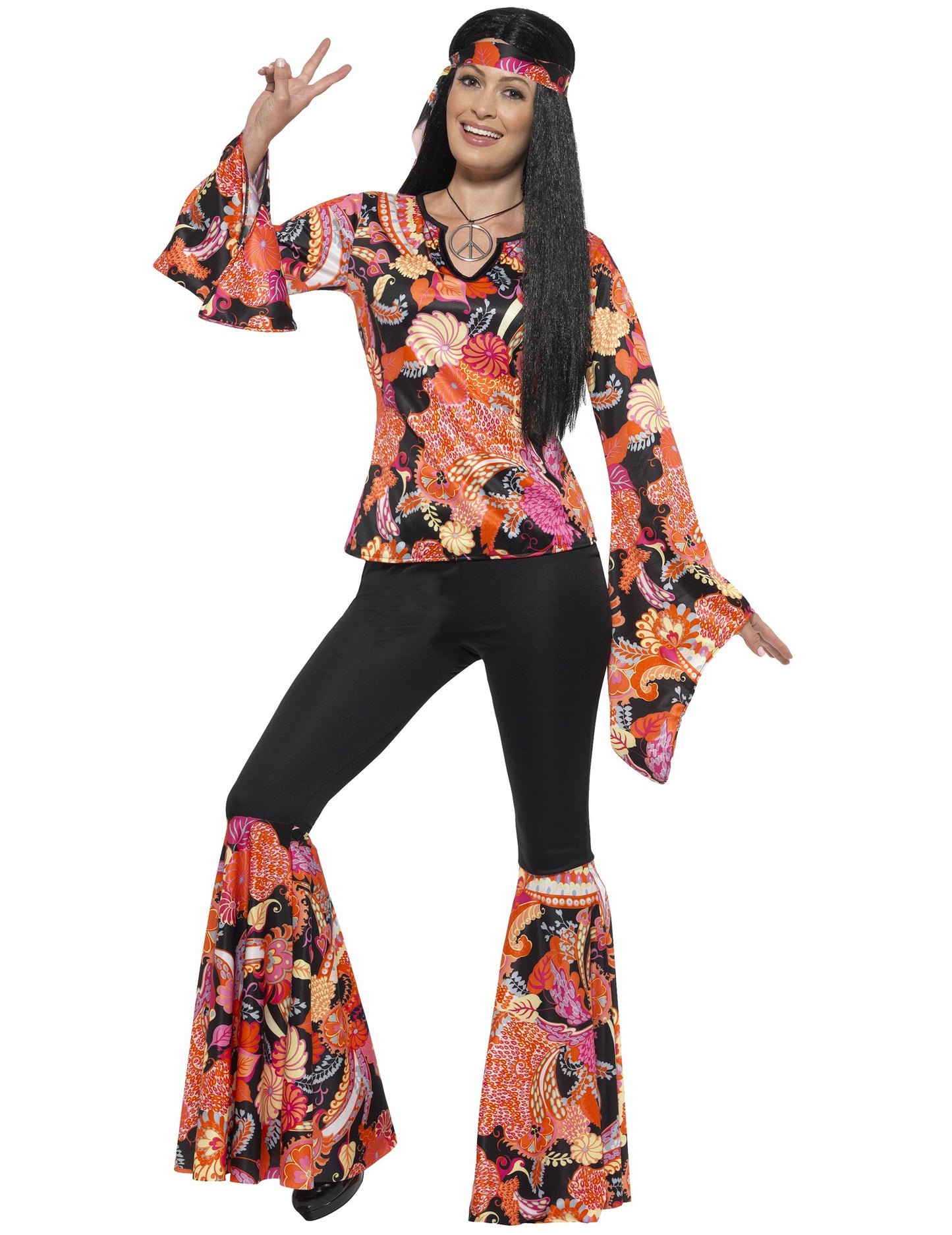 Disfarce hippie preto e colorido mulher