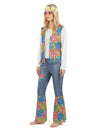 Déguisement hippie peace and love pour femme bleu et rose avec motifs fleurs et gilet à franges