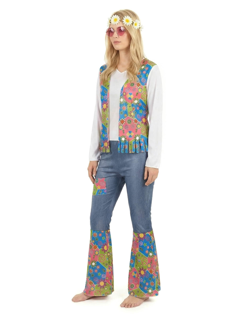 Déguisement hippie peace and love pour femme bleu et rose avec motifs fleurs et gilet à franges