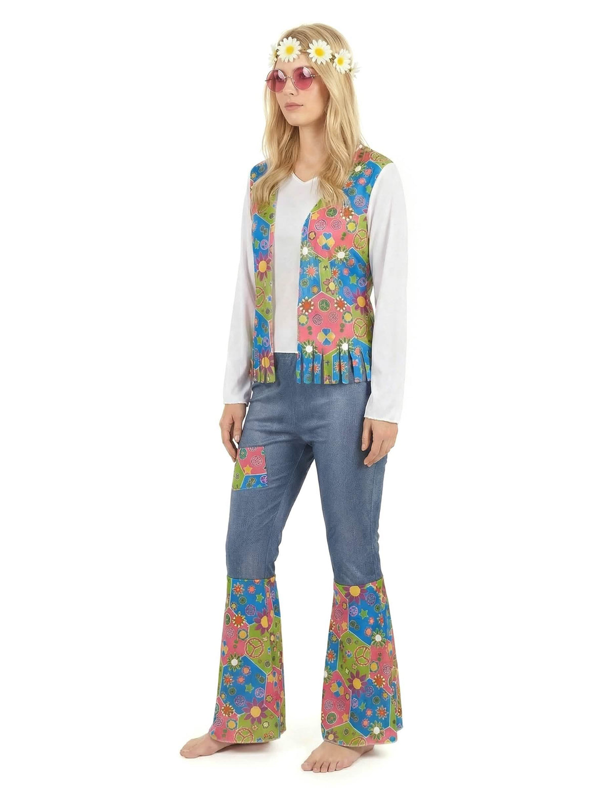 Déguisement hippie peace and love pour femme bleu et rose avec motifs fleurs et gilet à franges