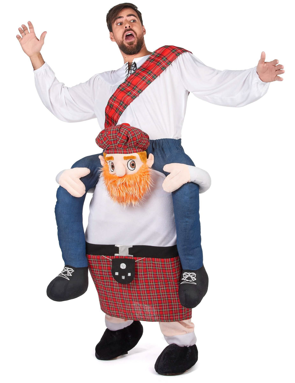 Fato de escocês para adulto com kilt vermelho aos quadrados e camisa branca