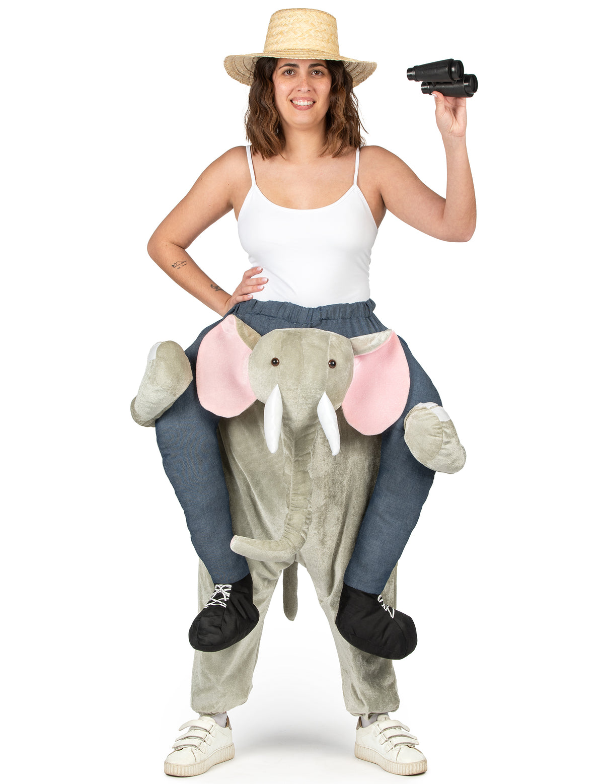 Vue d'ensemble avec accessoires de safari du déguisement à dos d'éléphant pour adulte