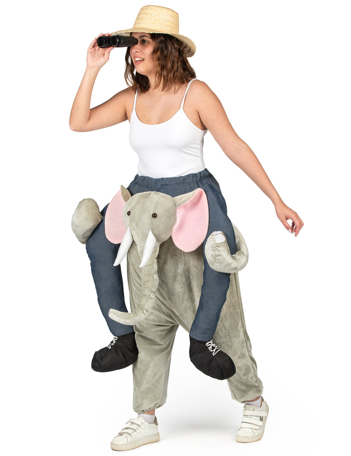 Mise en situation avec jumelles du déguisement à dos d'éléphant pour adulte
