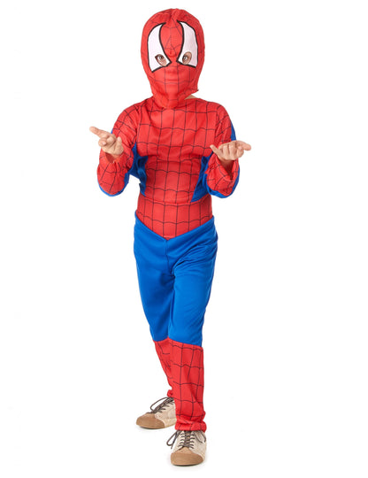 Déguisement homme araignée pour garçon rouge et bleu avec cagoule