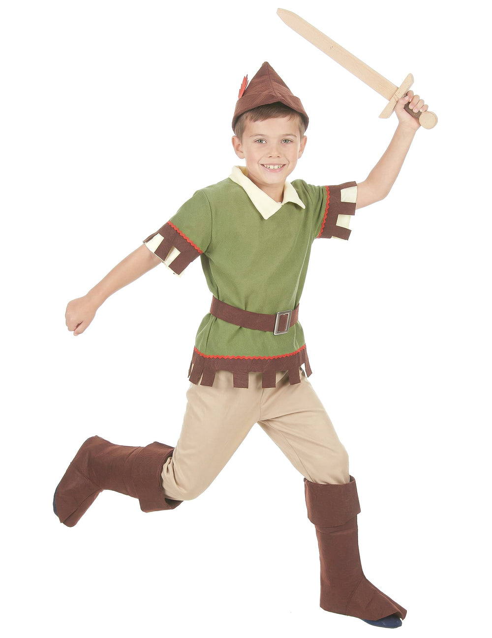 Déguisement homme des bois pour garçon vert et marron avec chapeau et épée