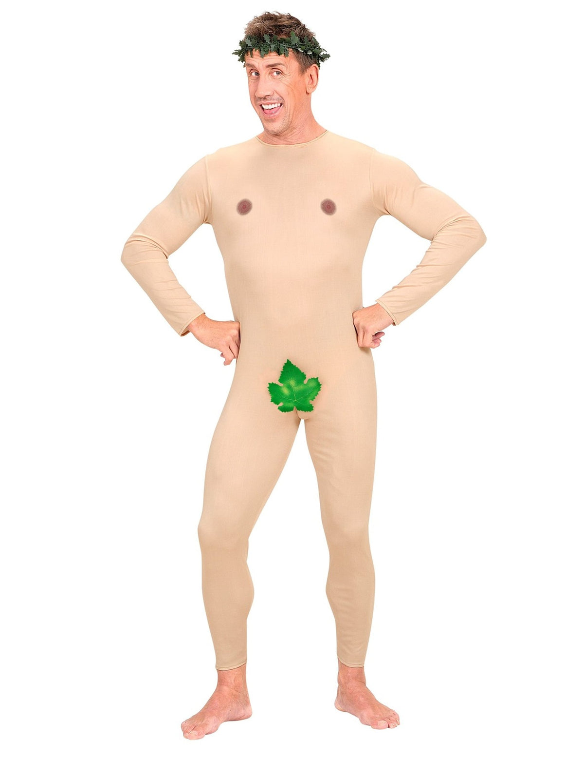 Déguisement homme nu pour adulte beige avec feuille de vigne et couronne de feuilles