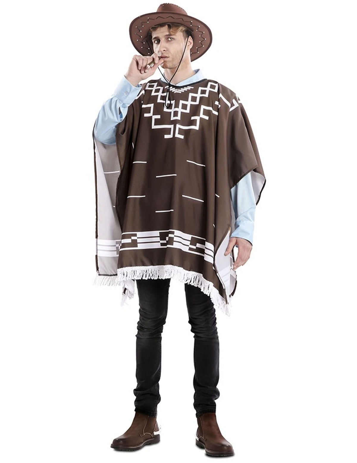 Déguisement de hors la loi pour homme marron avec poncho à motifs blancs et chapeau