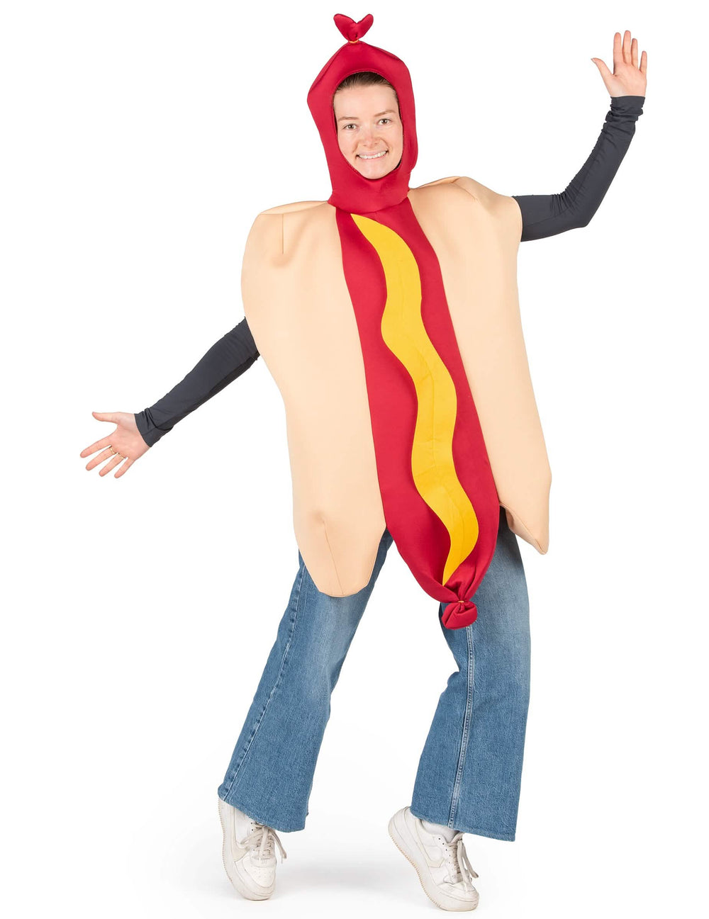 Fato de cachorro-quente para adulto bege e vermelho com mostarda amarela