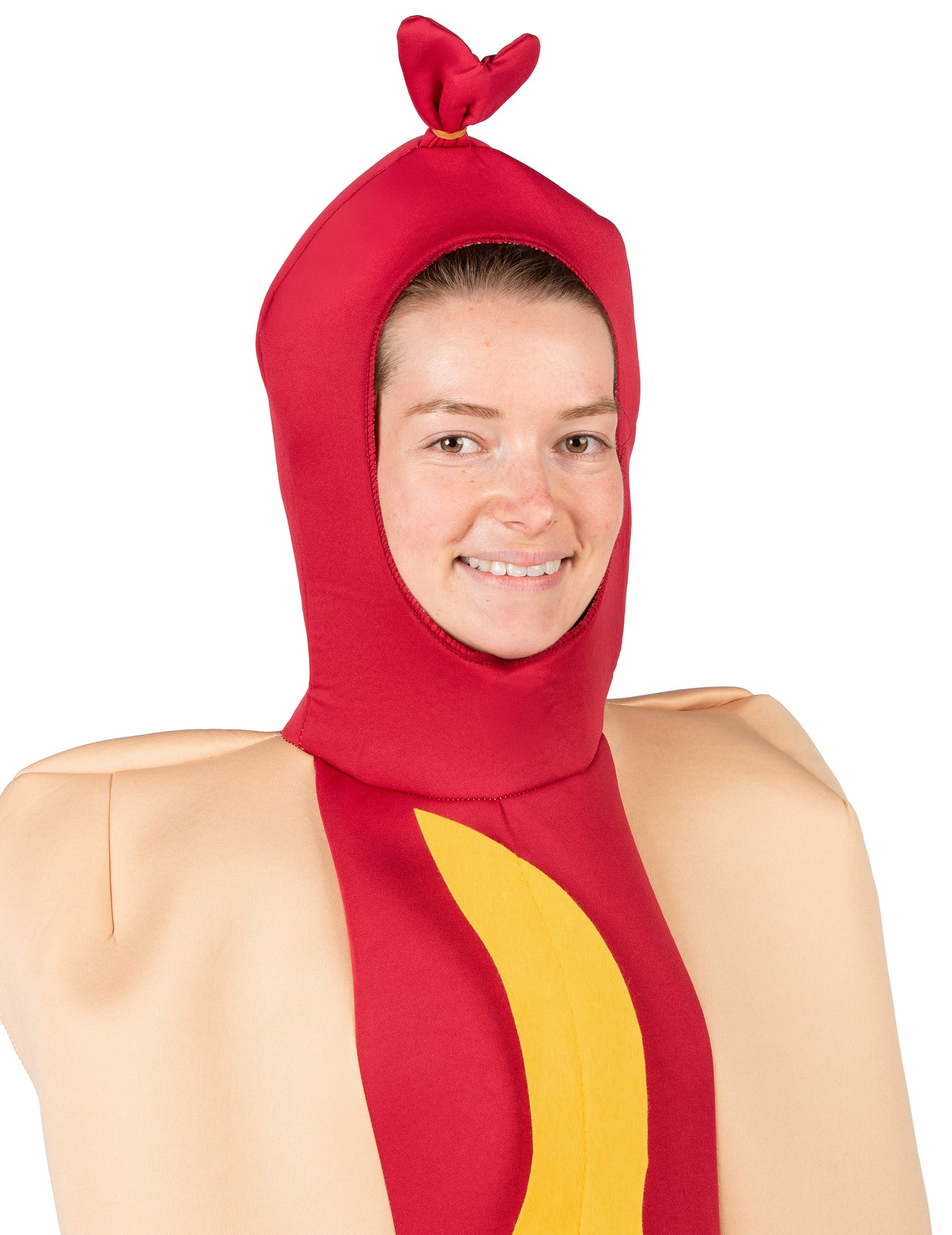Gros plan sur la capuche du déguisement hot dog pour adulte