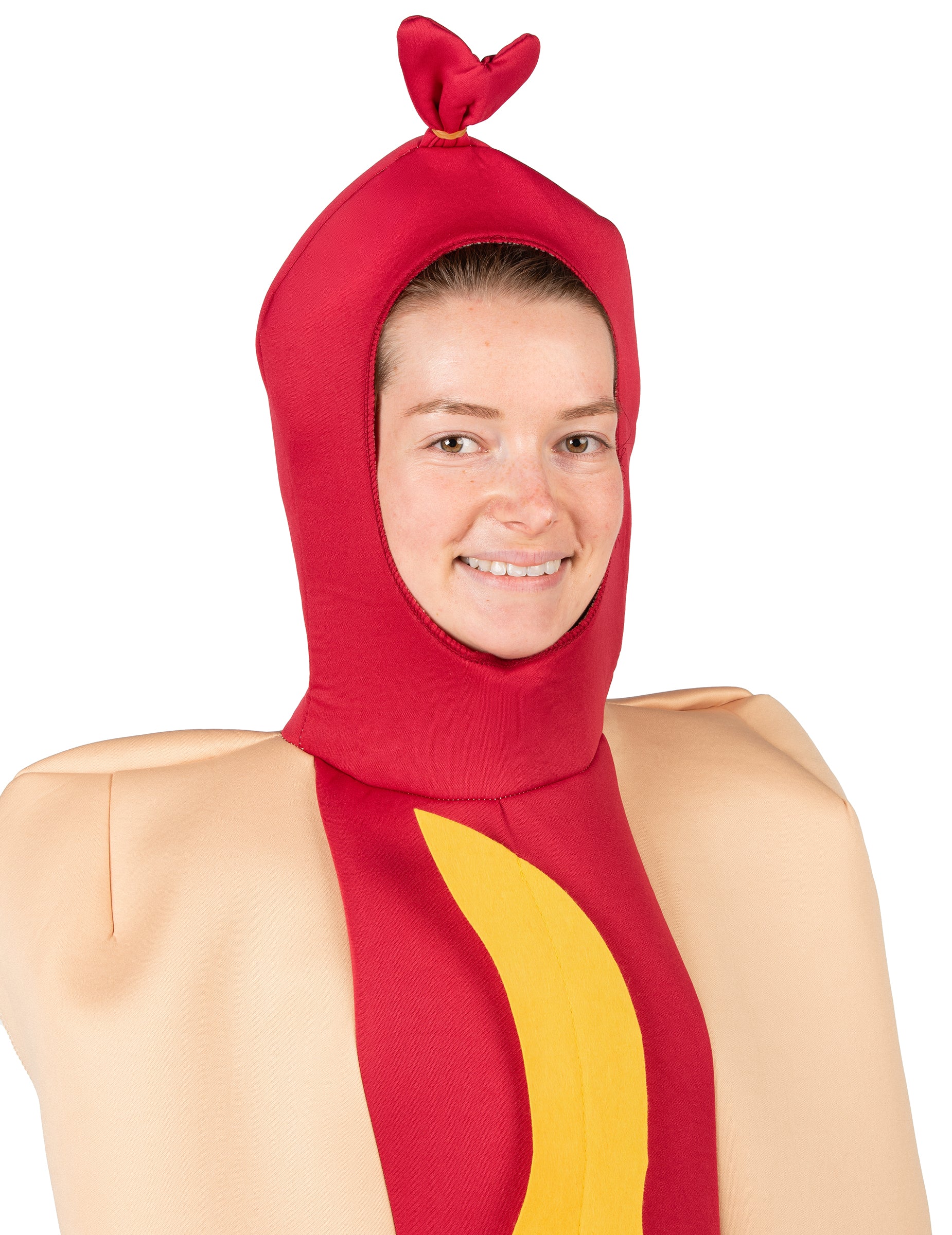 Gros plan sur la capuche du déguisement hot dog pour adulte