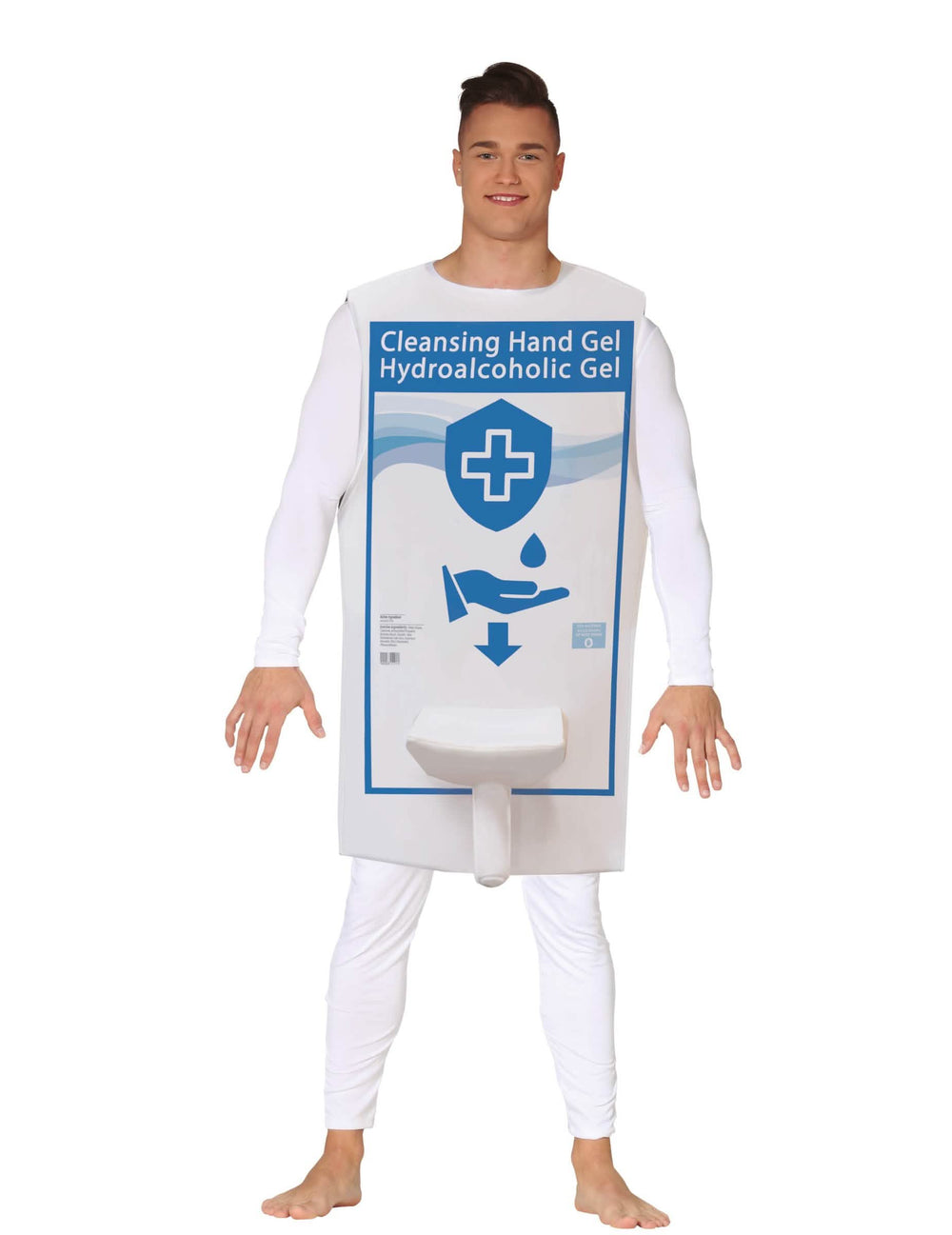 Fato humorístico de gel hidroalcoólico para adulto branco e azul