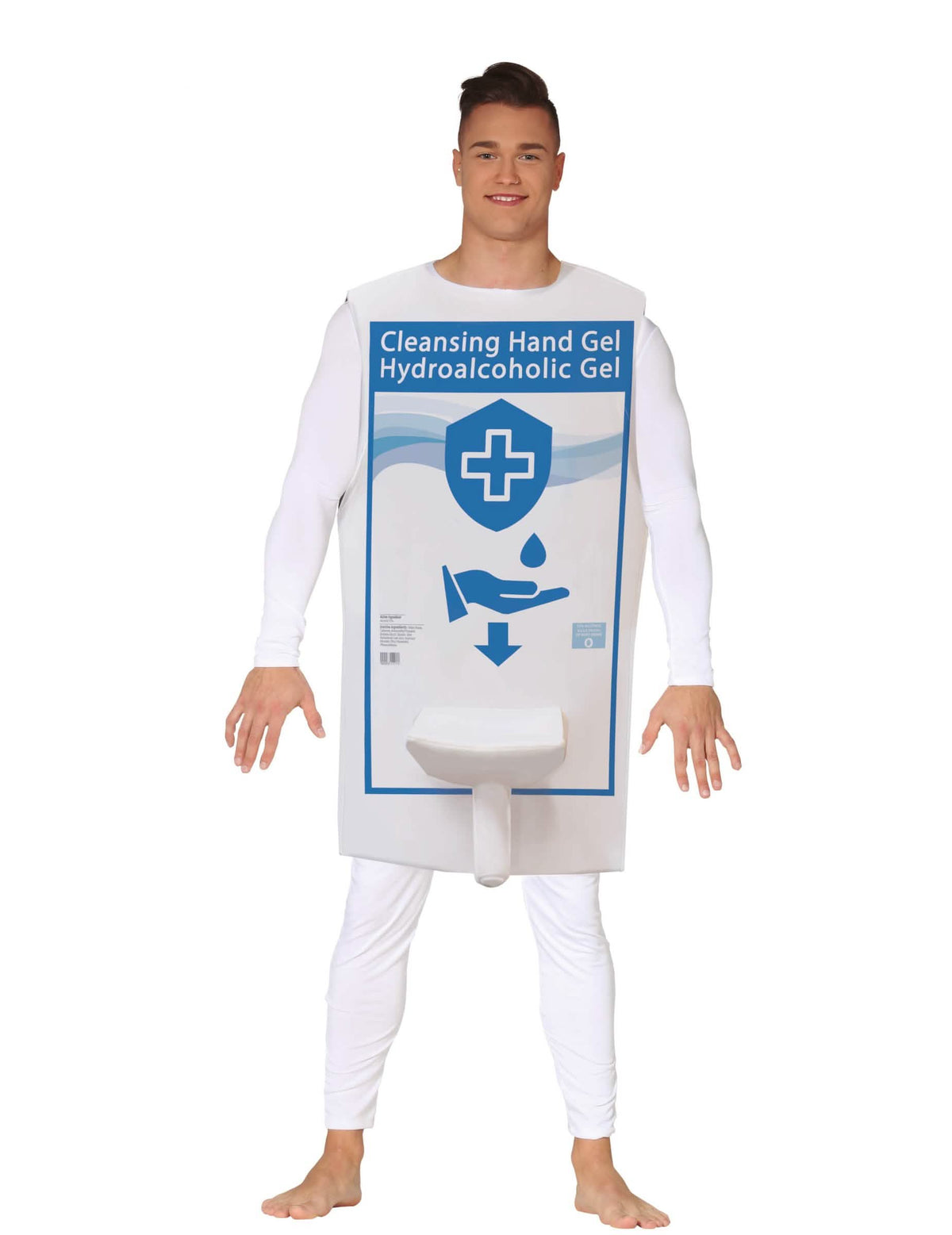 Fato humorístico de gel hidroalcoólico para adulto branco e azul