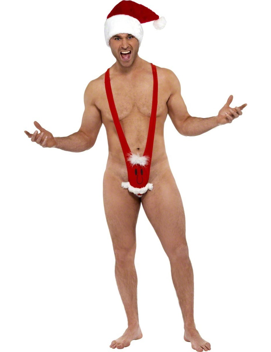 Mankini humoristique Père Noël pour homme rouge avec bonnet de Noël