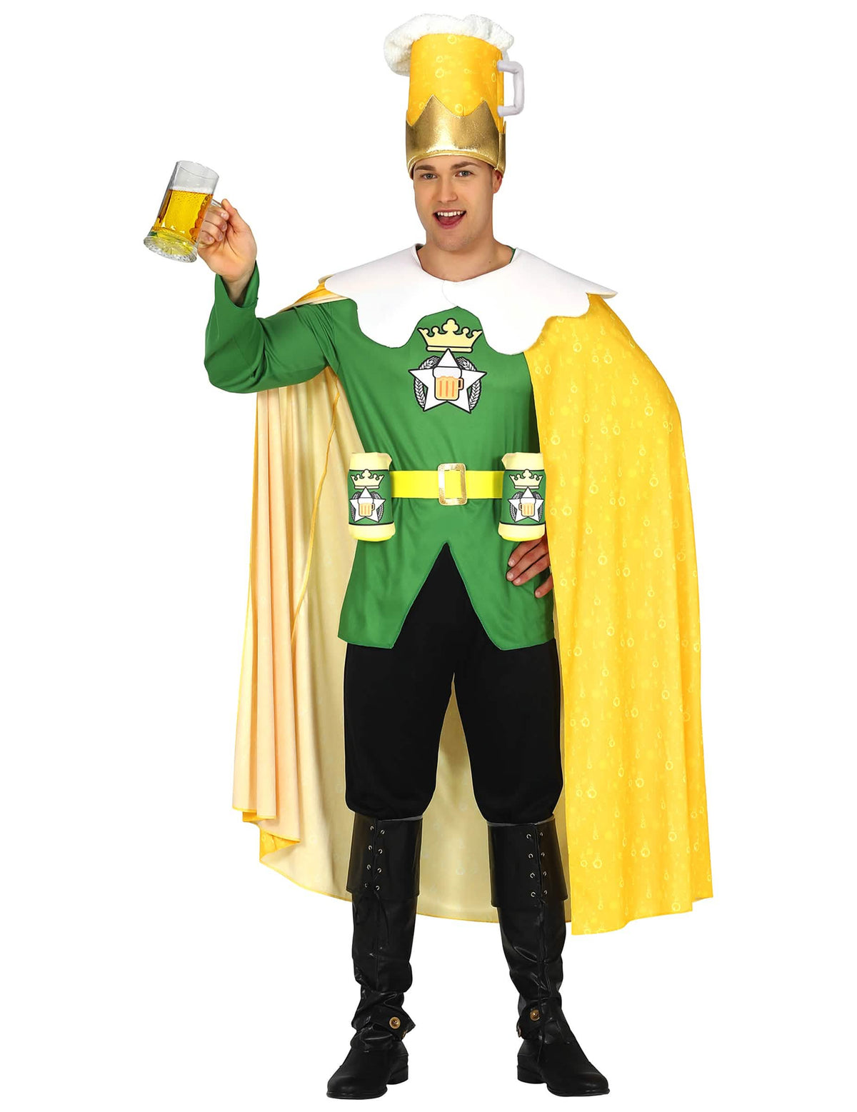 Fato humorístico rei da cerveja para adulto verde e amarelo com coroa caneca de cerveja