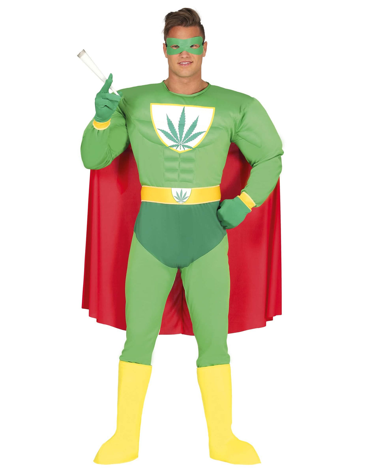 Fato humorístico de super herói de folha de cannabis para adulto verde com capa vermelha e botas amarelas