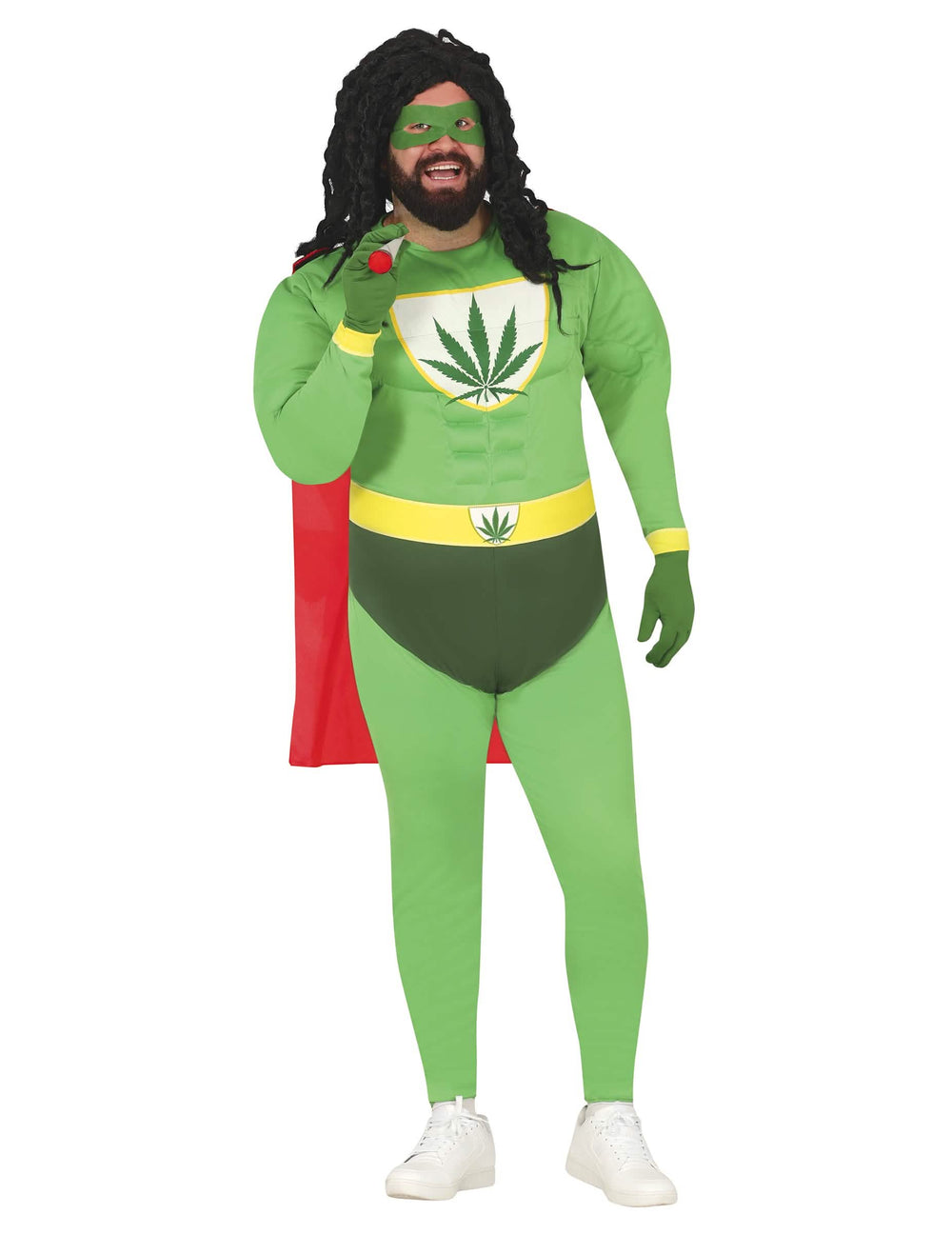 Vista frontal com peruca e máscara do disfarce humorístico super herói folha de cannabis
