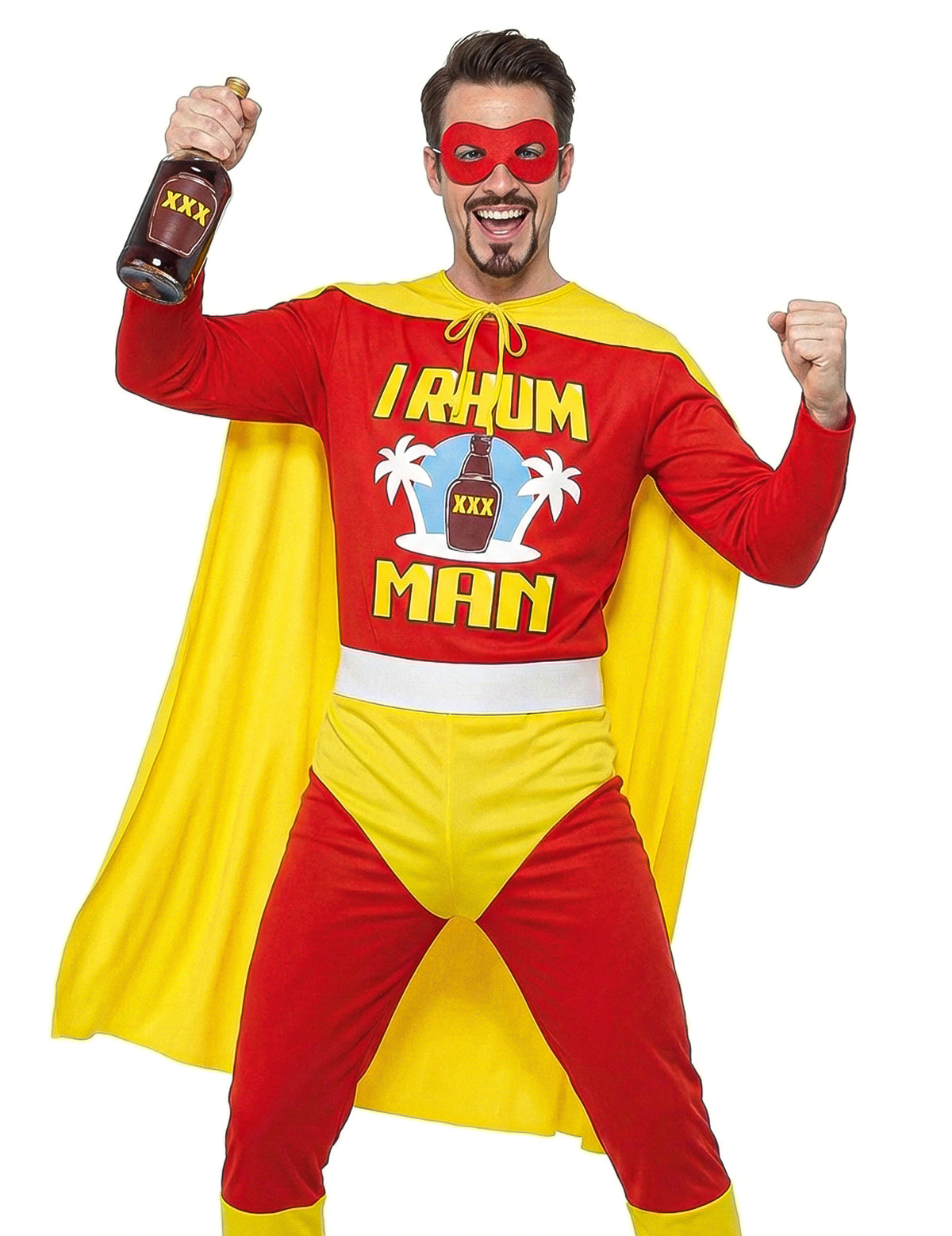Déguisement I Rhum Man pour homme rouge et jaune avec masque et cape