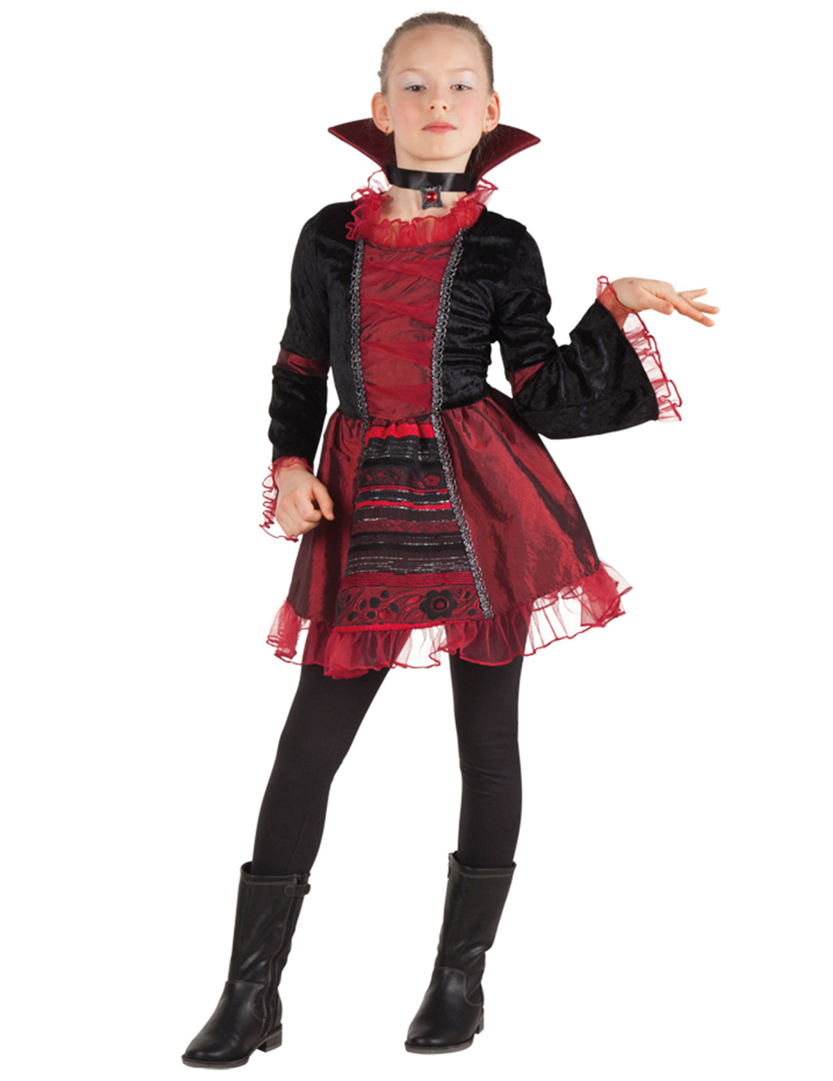 Déguisement d'impératrice vampire pour fille rouge et noir avec col montant