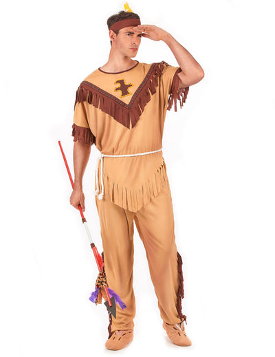 Déguisement indien bicolore pour homme beige et marron avec franges et bandeau