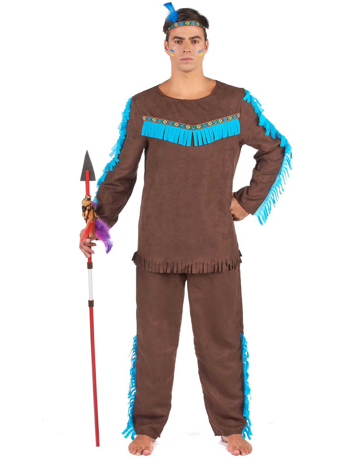 Déguisement indien pour homme marron et bleu avec franges