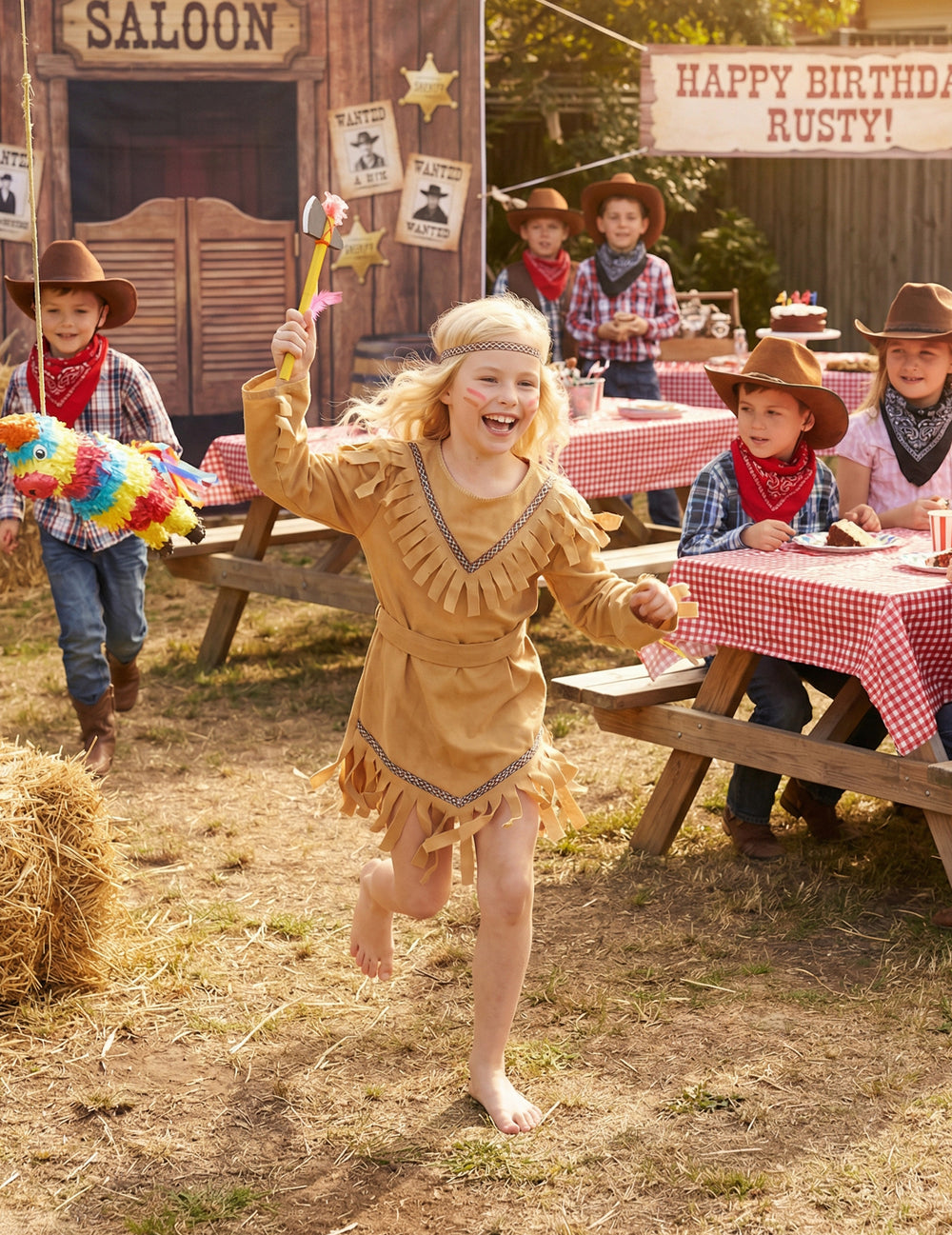 Mise en situation dans un décor western du déguisement d'indienne pour fille beige