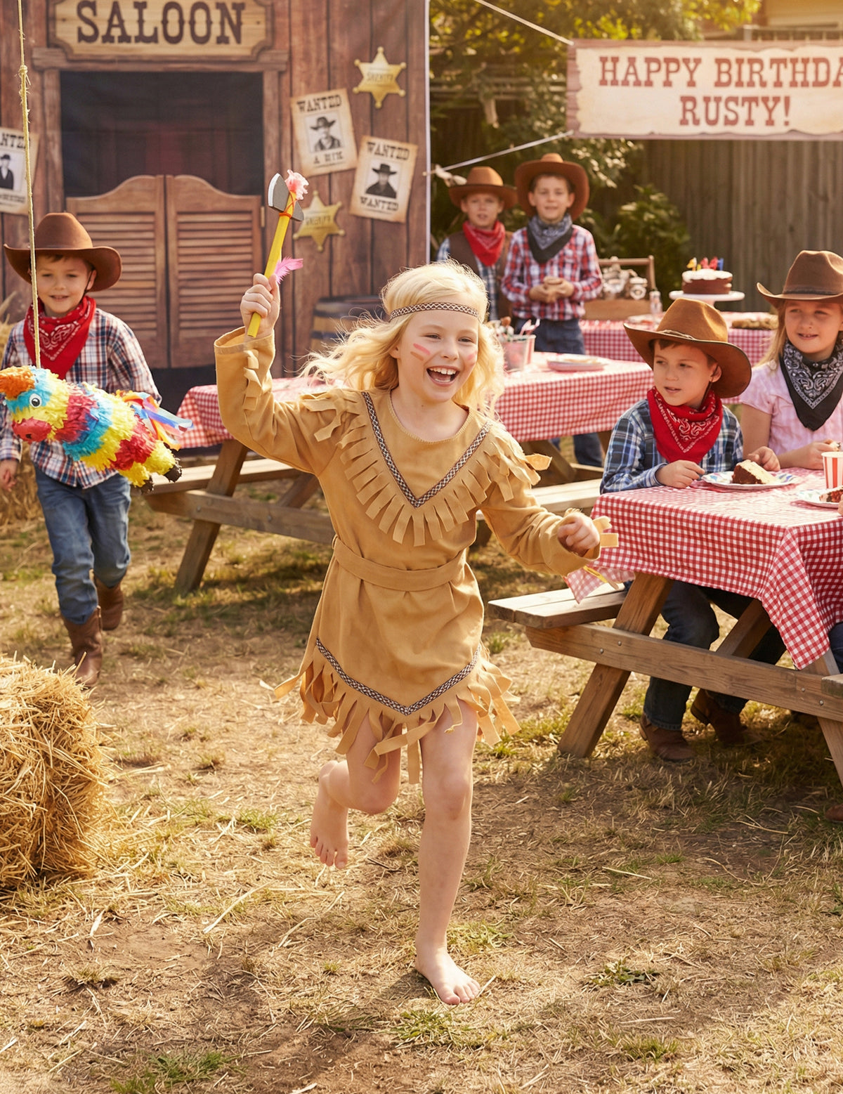 Mise en situation dans un décor western du déguisement d'indienne pour fille beige