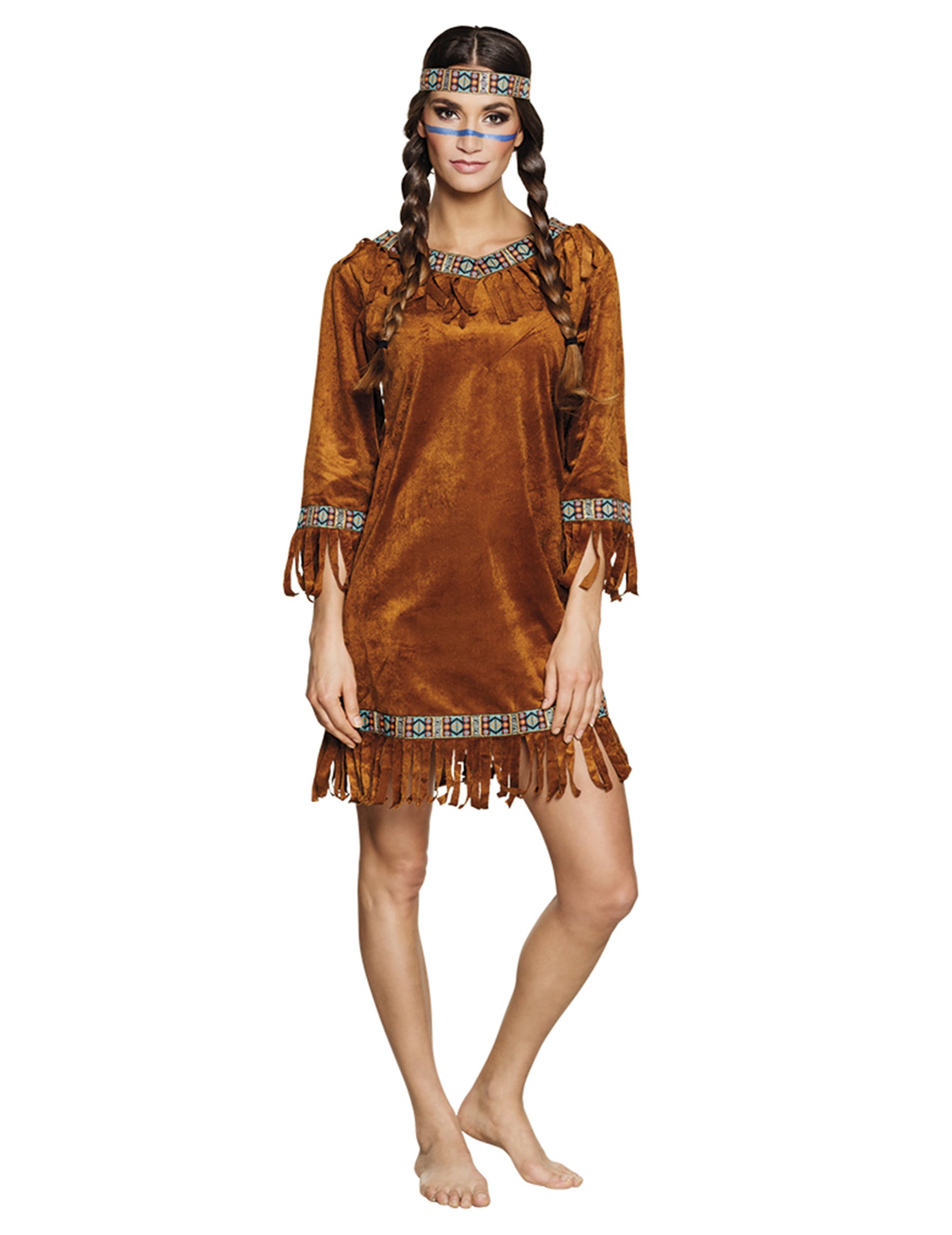 Déguisement d'indienne pour femme marron en faux daim avec franges et bandeau