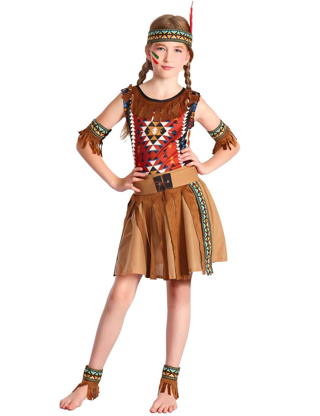 Fato de menina indiana castanho com motivos étnicos e franjas