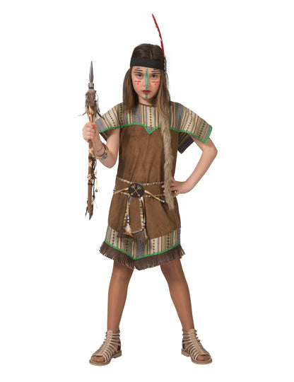 Déguisement indienne pour fille marron avec motifs colorés et bandeau à plume