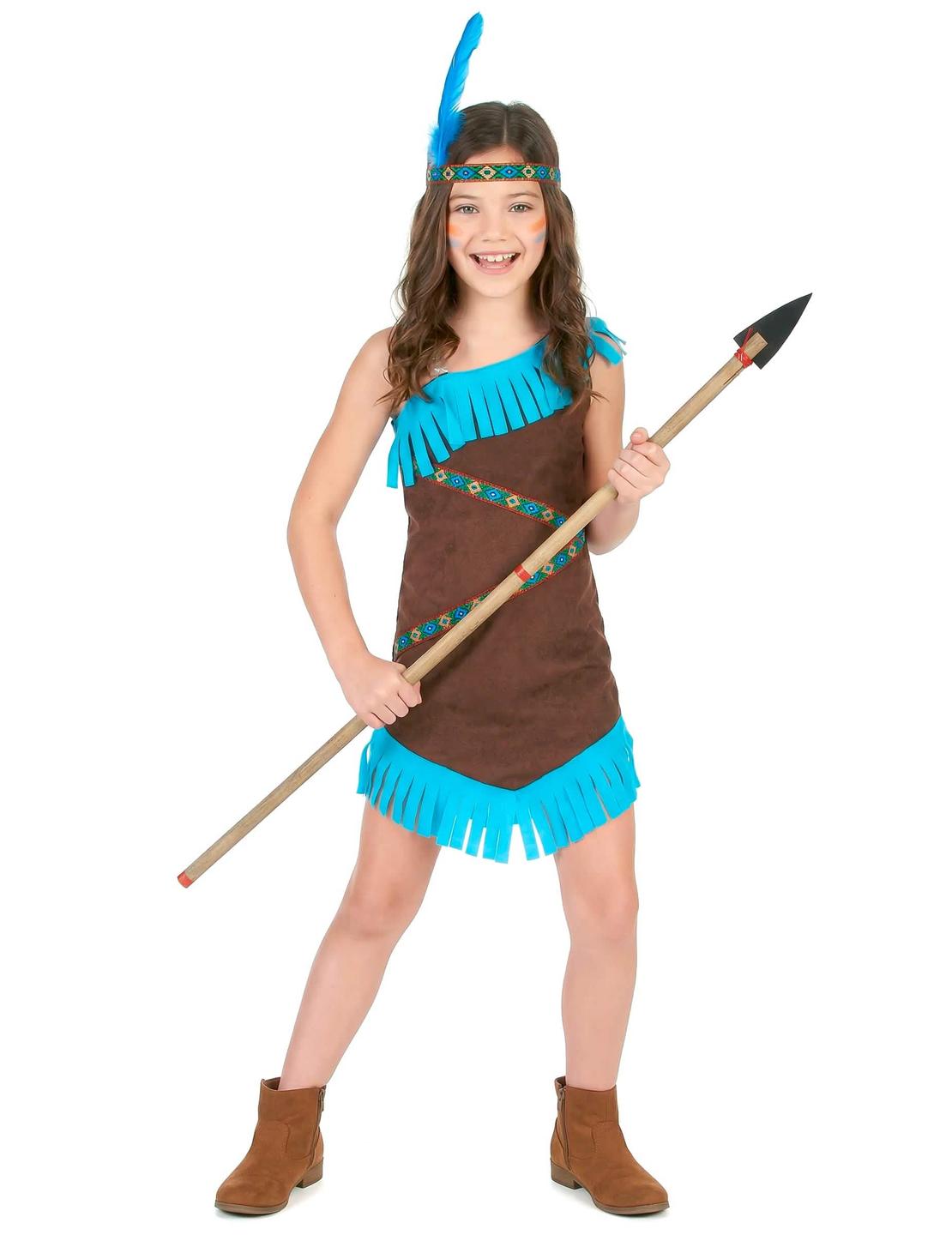 Fato de índia para menina castanho e azul com franjas e bandolete com pena