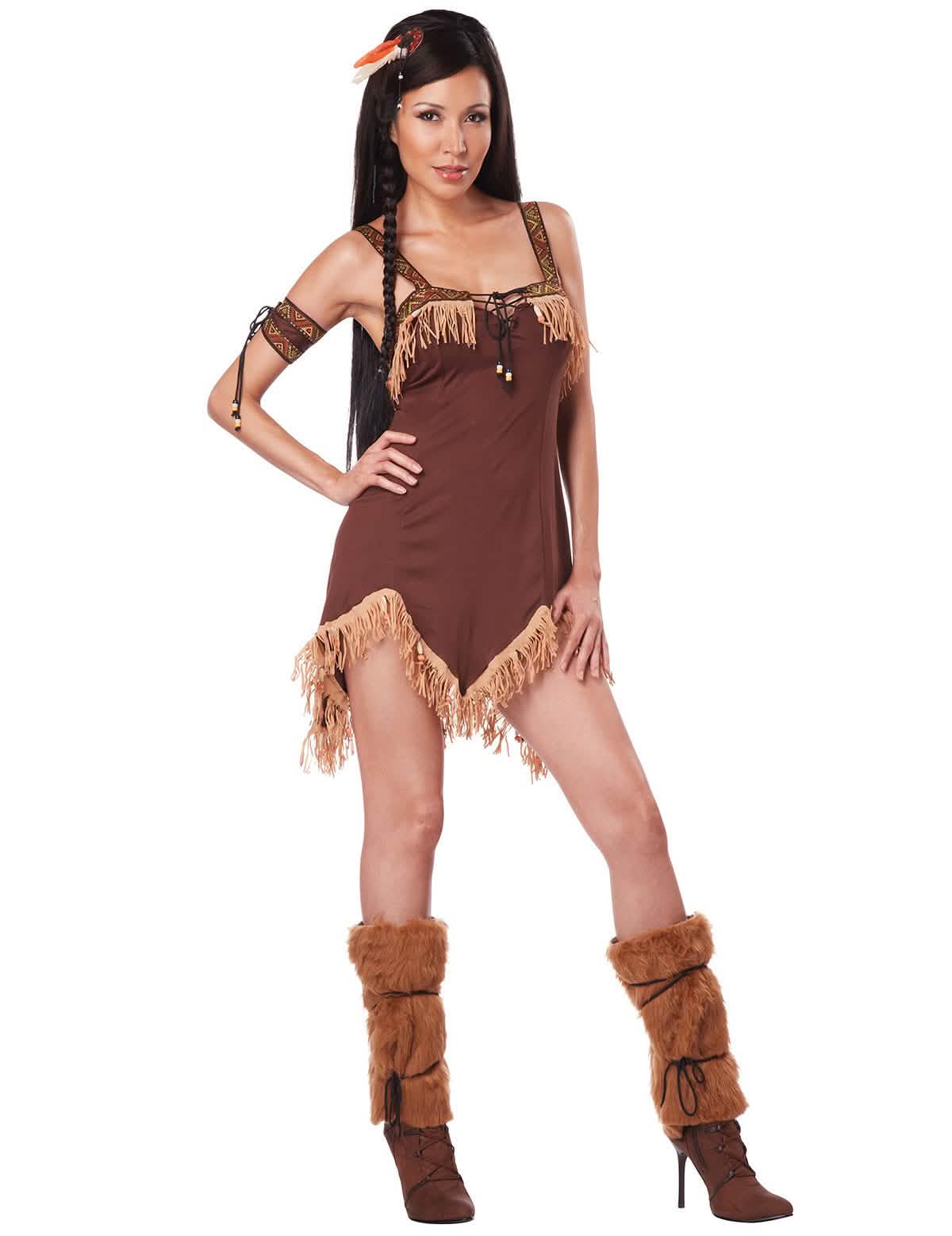 Fato de índia western para mulher castanho com franjas e perneiras