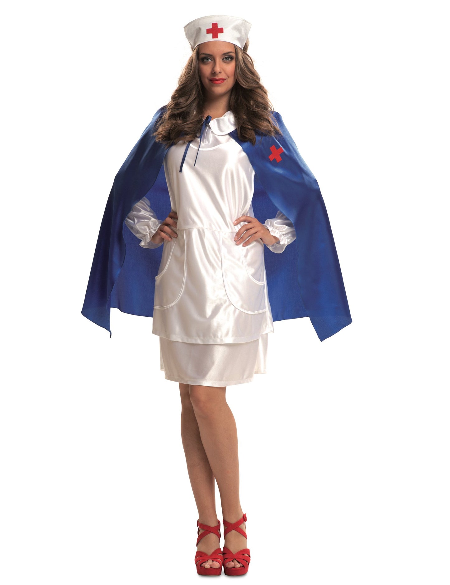 Déguisement infirmière avec cape et coiffe pour femme blanc et bleu avec croix rouge